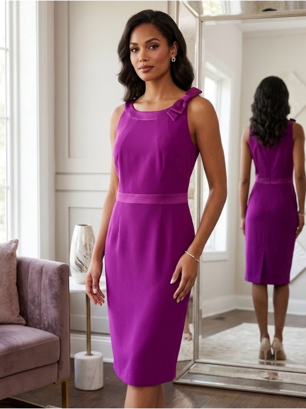 Jacob Coquette Bow Satin Trim Magenta Sheath Cocktail Sleeveless Dress Large